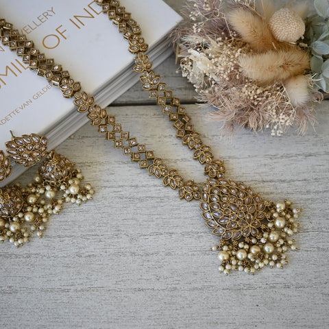 HANIYA ~ Long AD set with ivory pearl cluster pearls and jhumka earrings