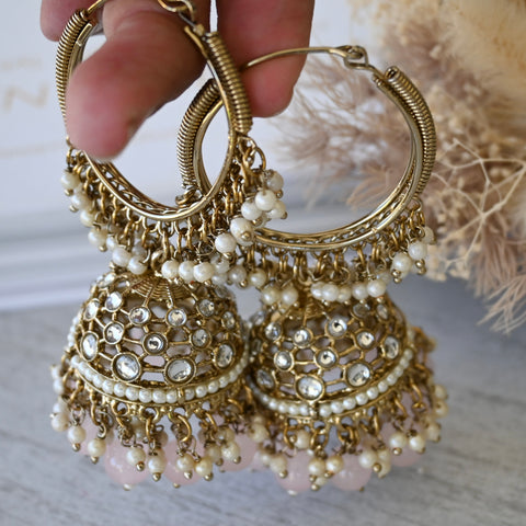 AMBAR ~ large jhumka earrings in pastel pink and antique gold