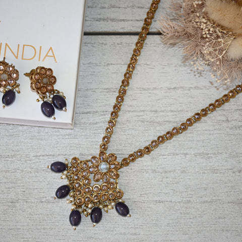 AIYANA ~ Long AD stone necklace with earrings in purple and antique gold
