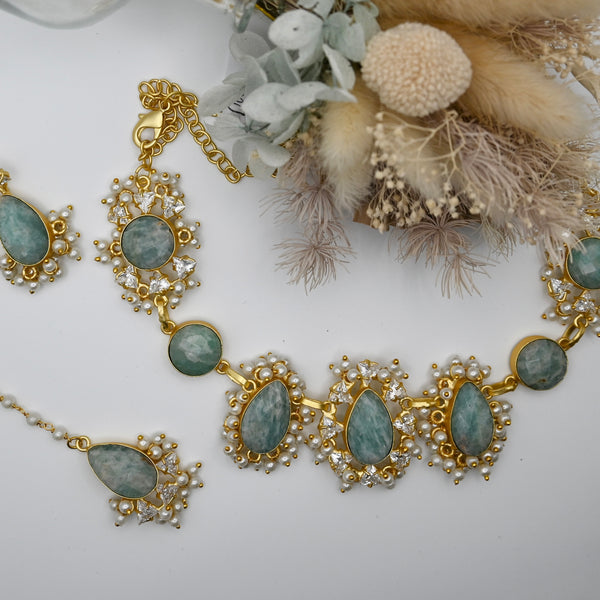 Dua- Azhar Collection- natural stone and cluster pearl necklace with matching earrings and mangtika
