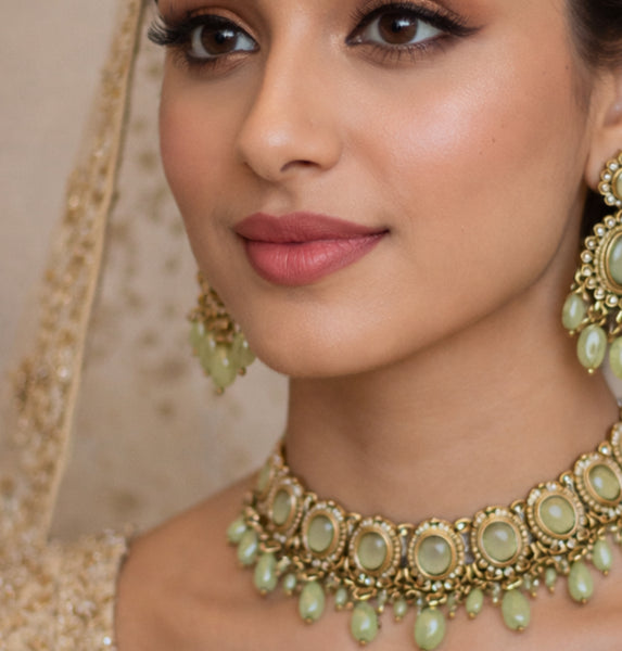 Vira- mint green choker set with earrings and mang tika