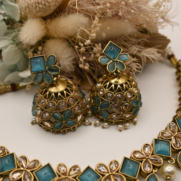 Malayka- feroza blue necklace and jhumka earrings
