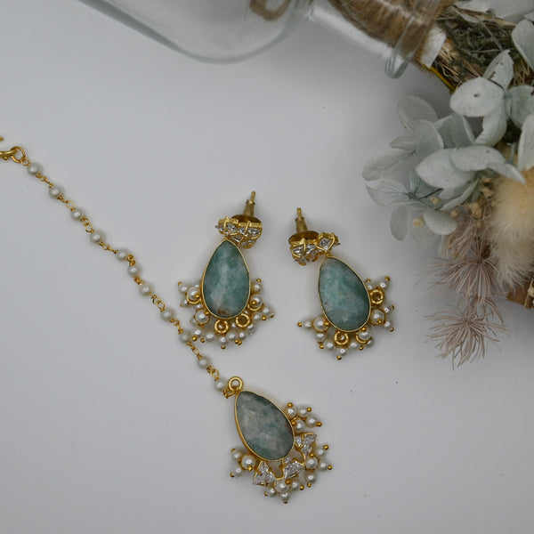 Dua- Azhar Collection- natural stone and cluster pearl necklace with matching earrings and mangtika