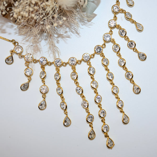AMBAR ~ Gold tone chandelier type necklace set with earrings