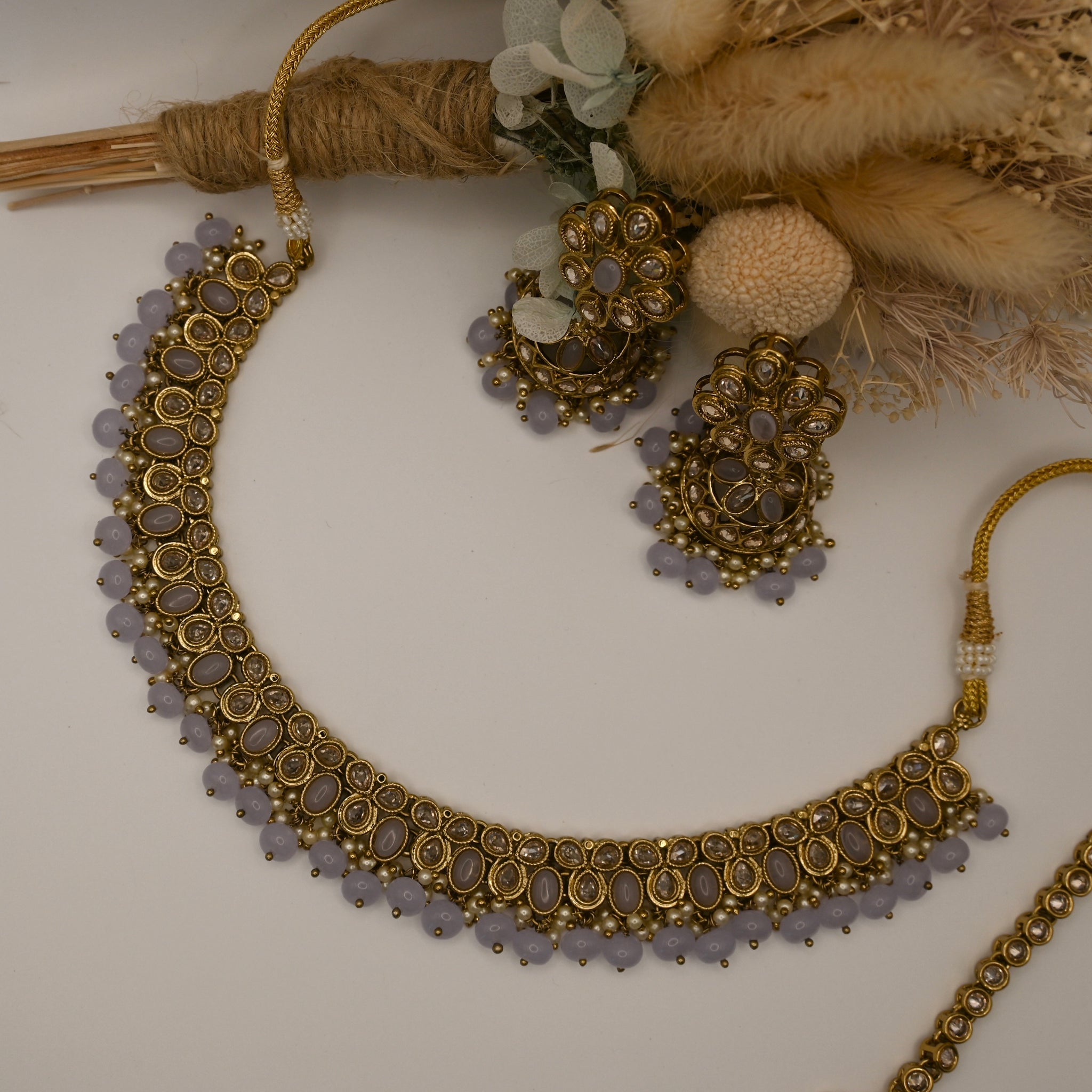 Liana- lilac and mehndi gold polish necklace earrings and mangtika set