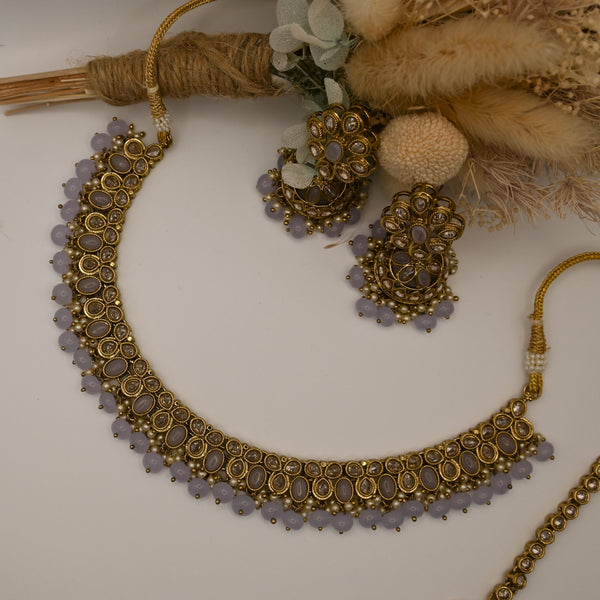 Liana- lilac and mehndi gold polish necklace earrings and mangtika set
