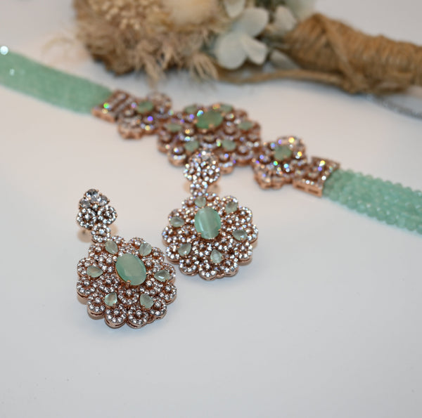 JAIDA- Rose gold polished CZ and crystal bead choker set with stunning earrings in sea green