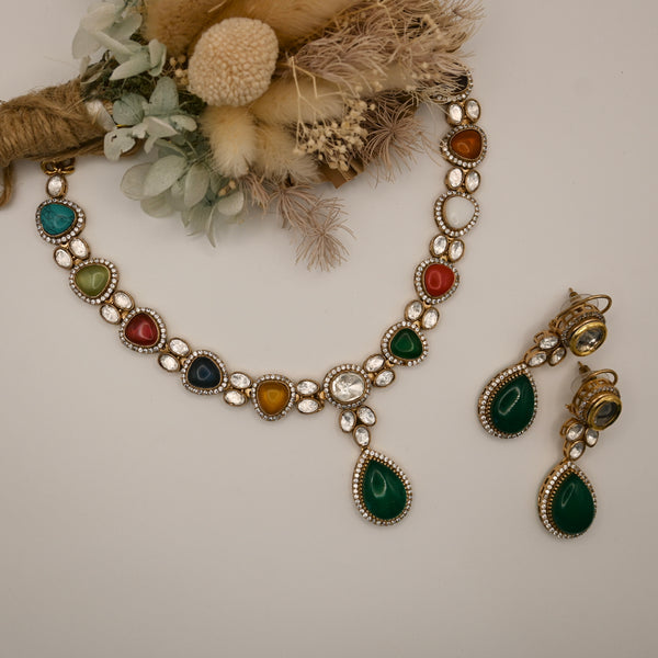 Lovena- multicoloured stone and kundan necklace and earrings set