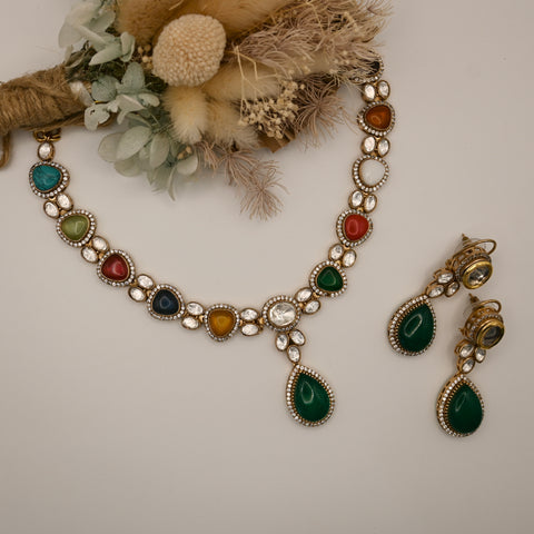 Lovena- multicoloured stone and kundan necklace and earrings set