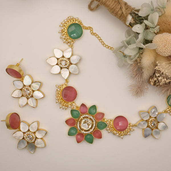 Cantara- Azhar Collection- Genuine mother of pearl necklace with vibrant sea green and dusky pink stones & matching earrings