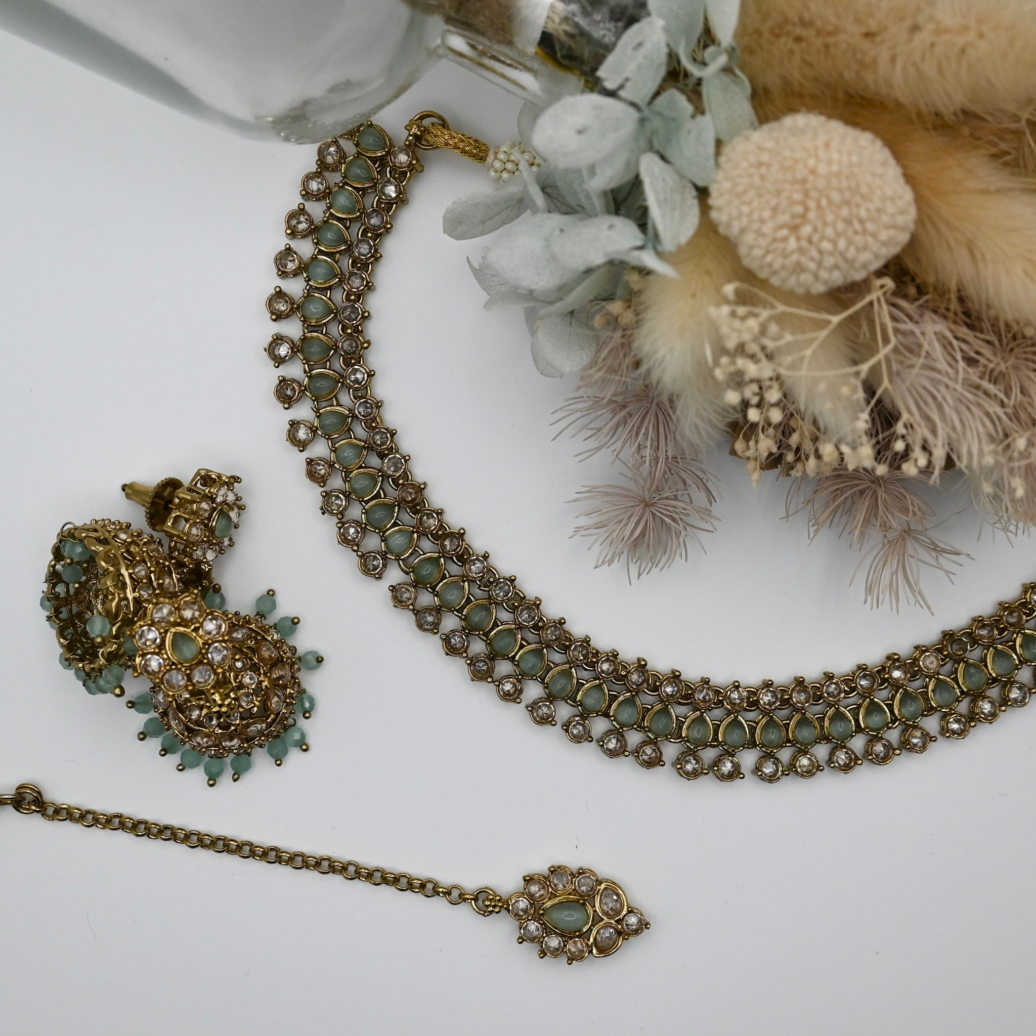 Geneve- Polki stone dusky blue necklace with mangtika and jhumka earrings