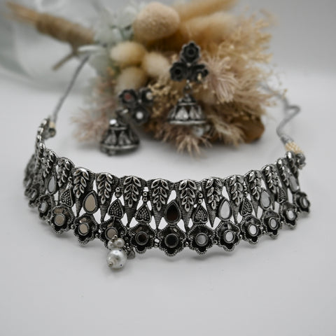 Soraya- oxidised choker with mirror detail and matching earrings