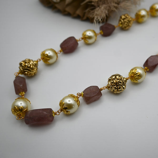 AZADEH- long necklace with salmon pink stones and pearl beads.