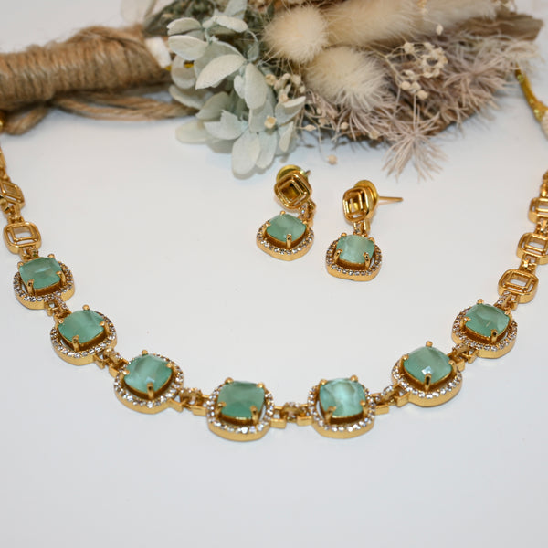 LINA- rose gold necklace set with baby blue stones