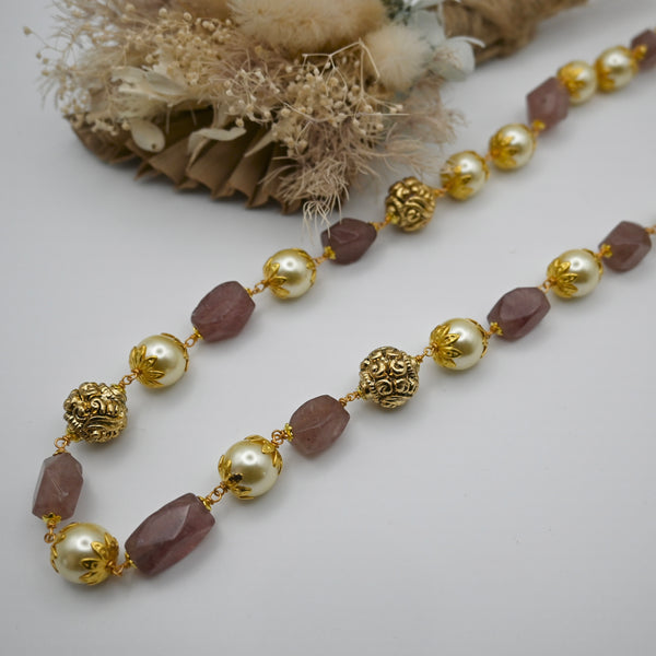 AZADEH- long necklace with salmon pink stones and pearl beads.