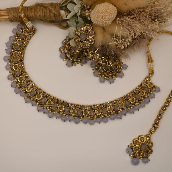 Liana- lilac and mehndi gold polish necklace earrings and mangtika set