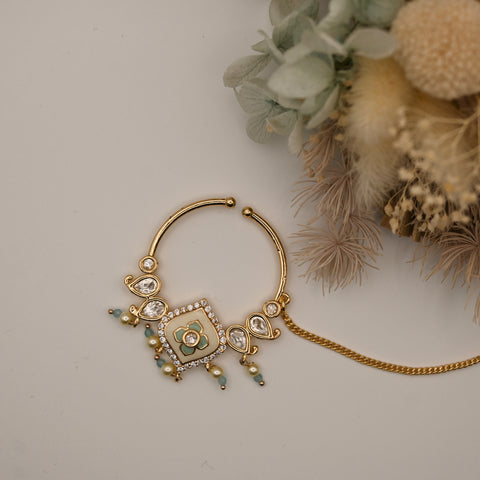 Nathi- kundan meenakari nose ring clasp-on with chain