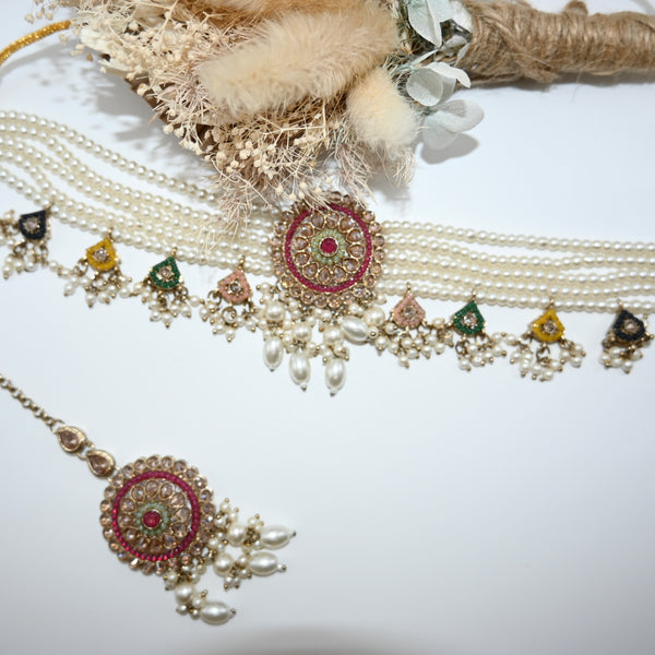 ROXHANNA- Pearl and polki choker with jhumka earrings