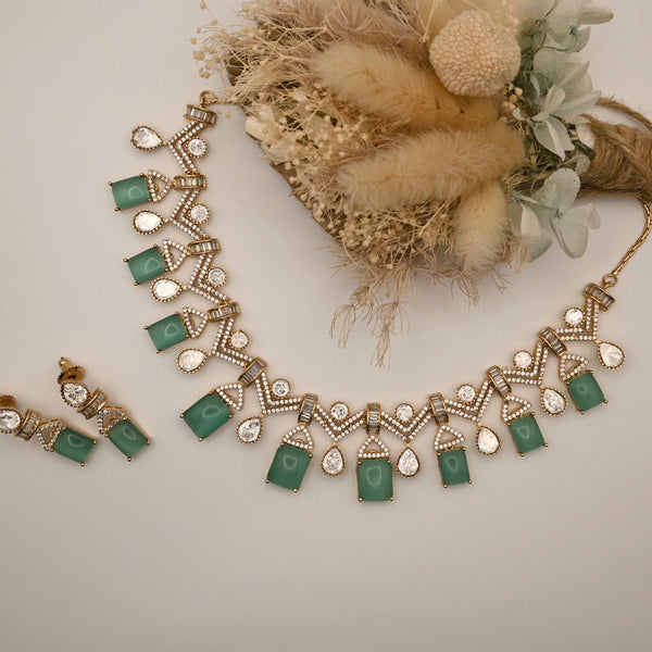 AFSOON- Sea green geometric moissanite necklace and earrings