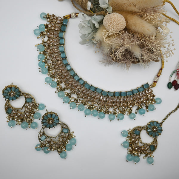 JANNAH striking blue polki set with earrings and mangtika