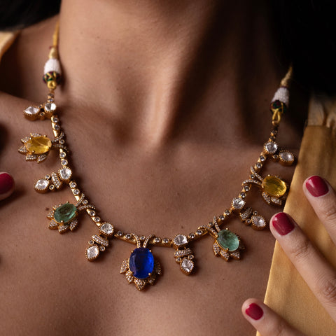 Sonata-Moissanite stone necklace with yellow, blue and mint green hues and matching earrings. AVAILABLE FOR PRE ORDER ONLY