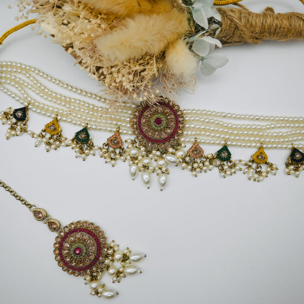ROXHANNA- Pearl and polki choker with jhumka earrings