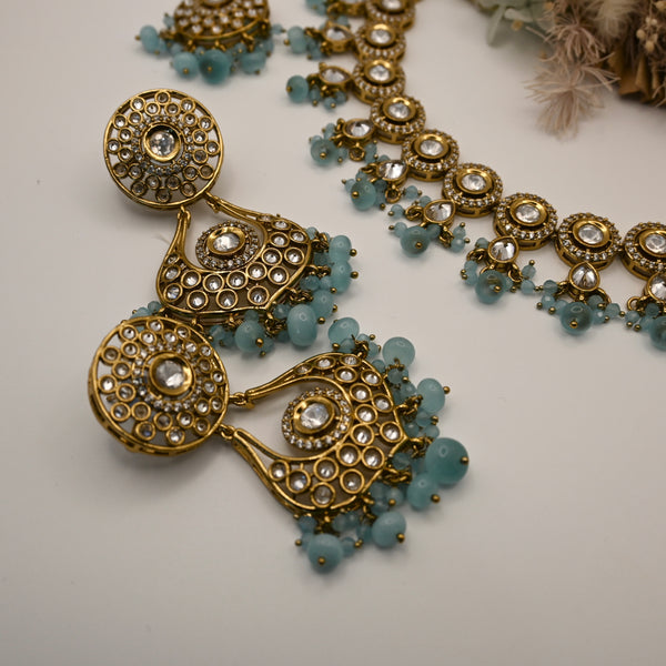Alonseh- baby blue kundan and polki necklace set