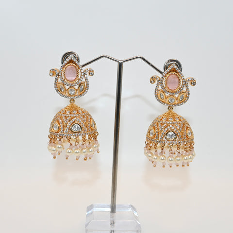 KIMIYA- yellow gold and baby pink cubic zirconia jhumka earrings