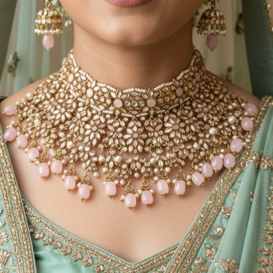 MAAHI - AD Gemstone bridal set in pastel pink