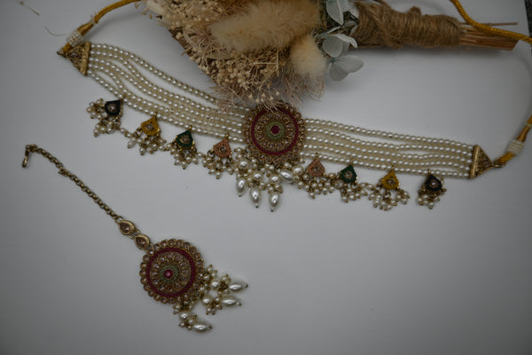 ROXHANNA- Pearl and polki choker with jhumka earrings