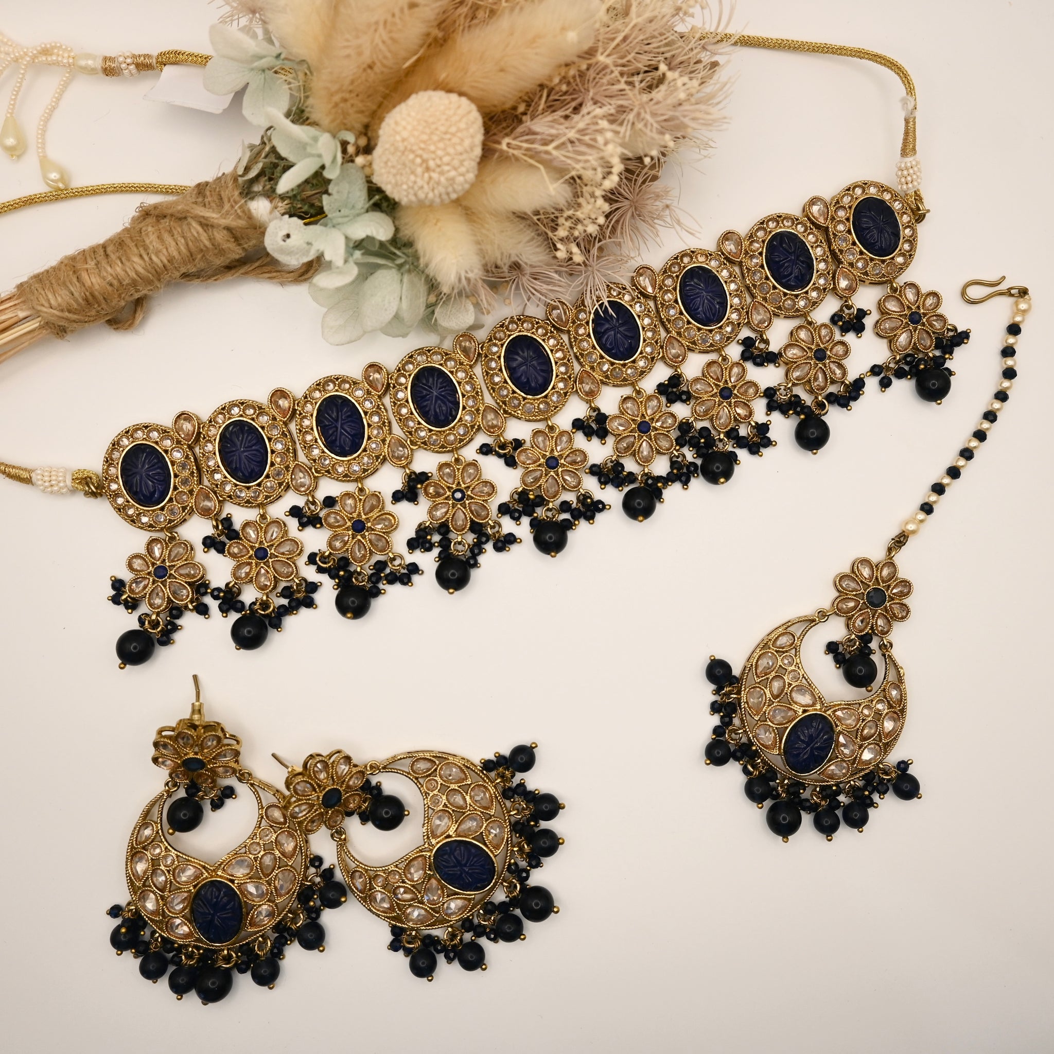 Nargis- navy blue 3 piece polki necklace set