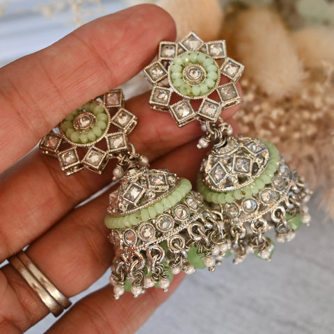 MILLAN ~ AD jhumka earrings in sea green and silver