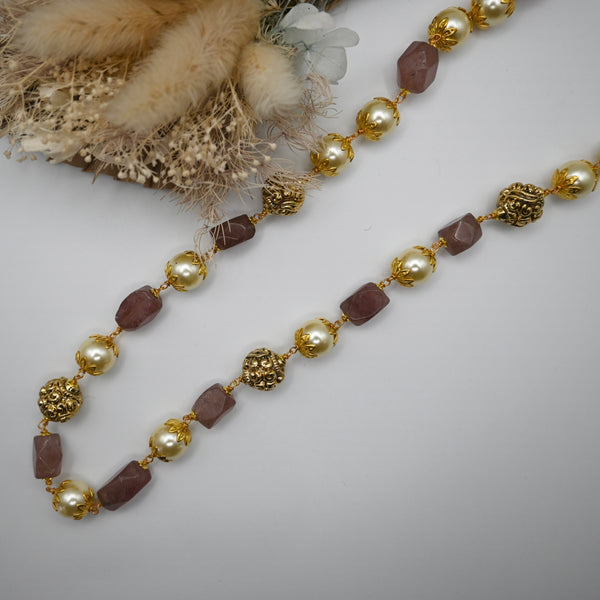 AZADEH- long necklace with salmon pink stones and pearl beads.
