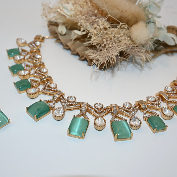 AFSOON- Sea green geometric moissanite necklace and earrings
