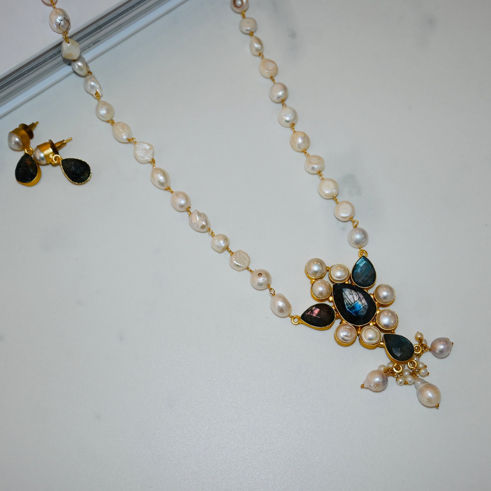 Sima- genuine pearl long statement necklace set