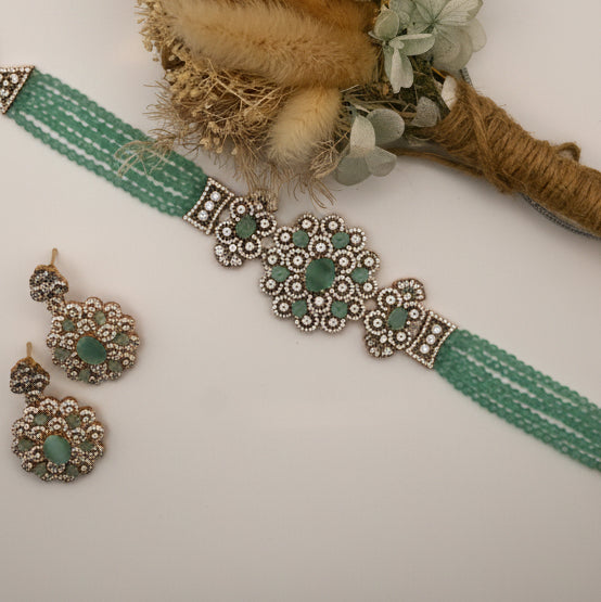 JAIDA- Rose gold polished CZ and crystal bead choker set with stunning earrings in sea green