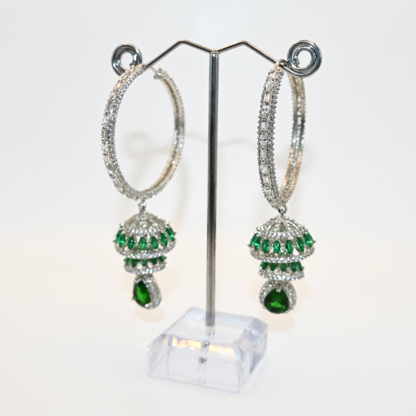 HELENA- cubic zirconia and emerald green jhumka hoop statement earrings