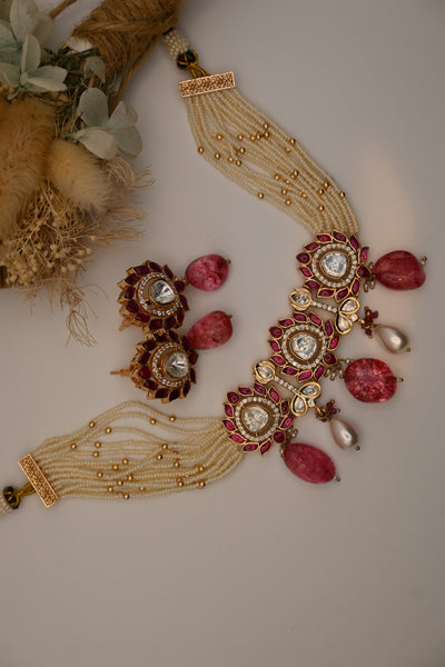 ELARA- vibrant kundan choker and earrings with semi-precious stone