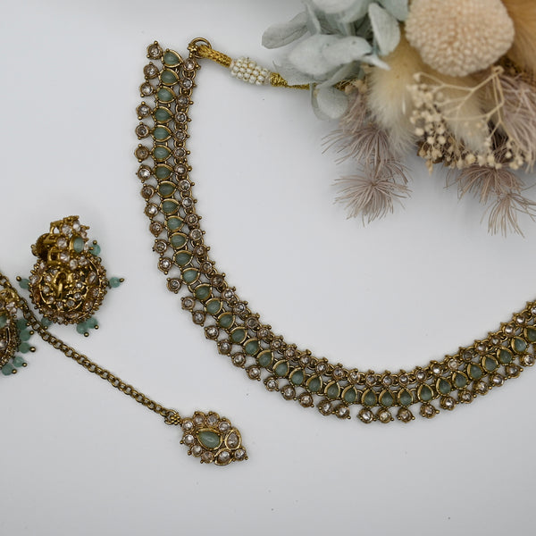 Geneve- Polki stone dusky blue necklace with mangtika and jhumka earrings