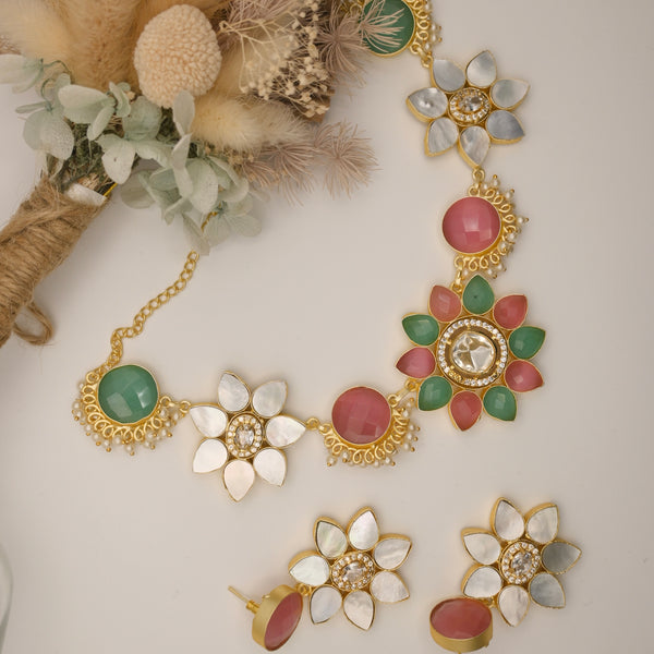Cantara- Azhar Collection- Genuine mother of pearl necklace with vibrant sea green and dusky pink stones & matching earrings