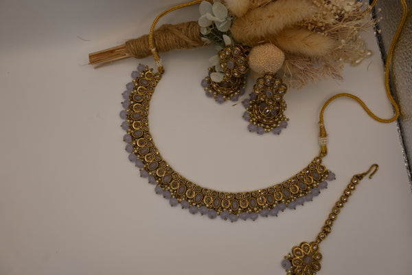 Liana- lilac and mehndi gold polish necklace earrings and mangtika set