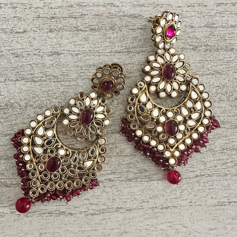 CHANDANA ~ large mirror earrings in maroon and mehndi gold