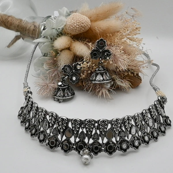 Soraya- oxidised choker with mirror detail and matching earrings