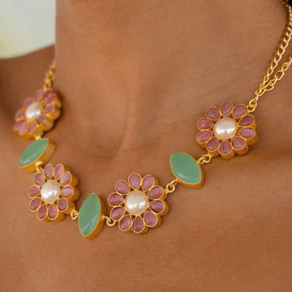 Floral necklace - Azhar Noore- with stud earrings- Pre Order