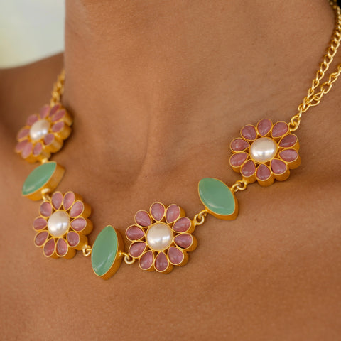 Floral necklace - Azhar Noore- with stud earrings- Pre Order