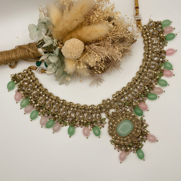 GEORGIA Champagne Stone heavy set suitable for bridal or heavy look. Necklace, earrings and mangtika