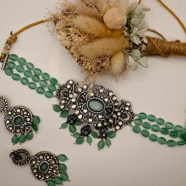 RAHEE- Victorian kundan with monalisa stone- choker and earring set