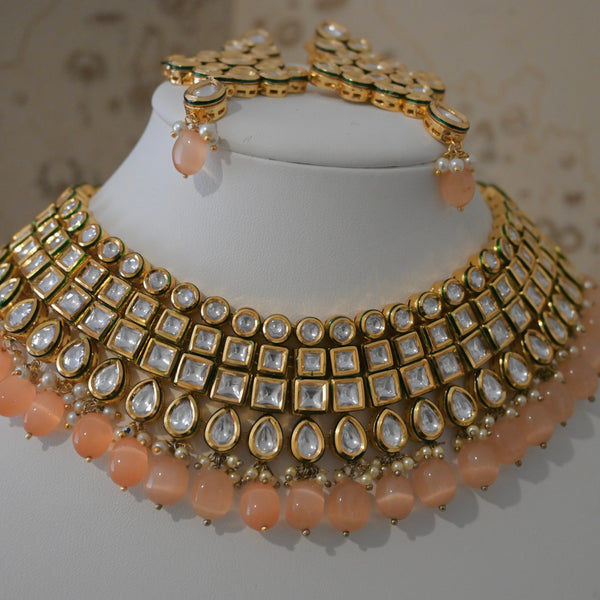 MUGHAL- monalisa stone and kundan heavy necklace and earring set in peach.