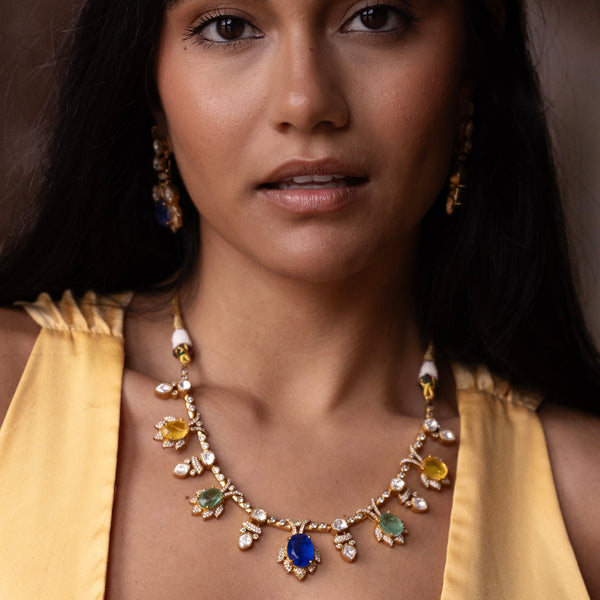 Sonata-Moissanite stone necklace with yellow, blue and mint green hues and matching earrings. AVAILABLE FOR PRE ORDER ONLY