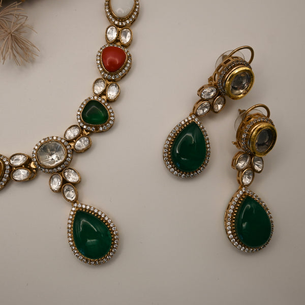 Lovena- multicoloured stone and kundan necklace and earrings set